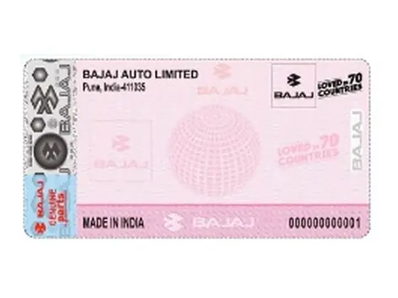 Holograma de autenticidad Bajaj Auto Limited, hecho en India